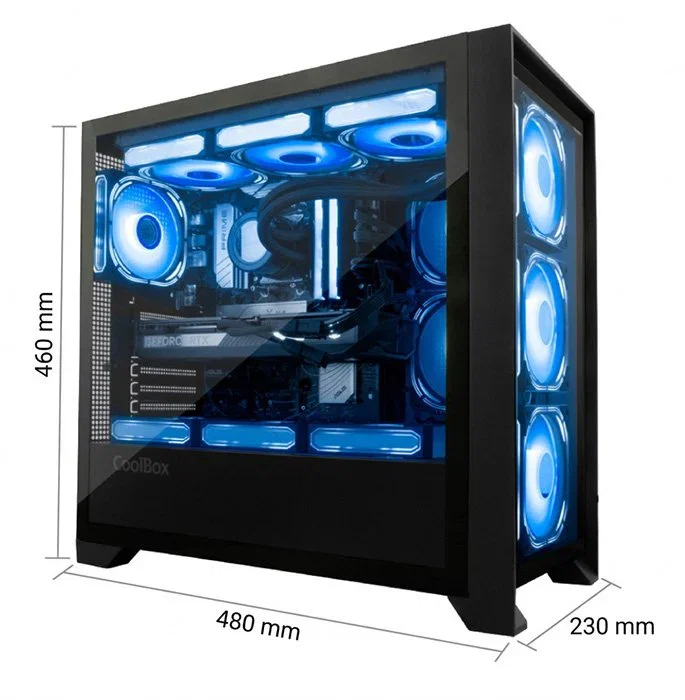 Coolbox GE-2000 DualView Torre PC Gaming ATX Negro con 4 Ventiladores ARGB, Cristal Templado, Compatible con Gráficas 395mm y Refrigeración Líquida 360mm
