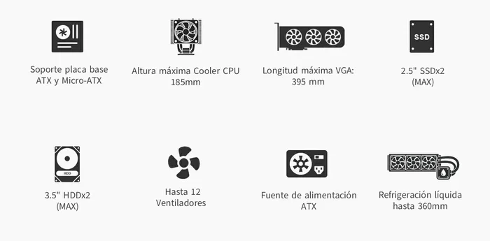 Coolbox GE-2000 DualView Torre PC Gaming ATX Negro con 4 Ventiladores ARGB, Cristal Templado, Compatible con Gráficas 395mm y Refrigeración Líquida 360mm