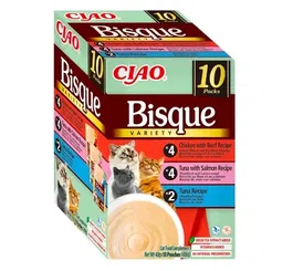 Churu Ciao Bisque Multipack Pollo, Ternera, Salmón y Atún - 10 Bolsas de 40g