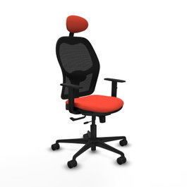 Silla de oficina Jorquera con mecanismo Sincro/Traslack tapizada con Tela color Naranja oscuro y malla color Negro. Equipada con lumbar 1D, Brazos 1D, Cabecero Fijo y Ruedas 65mm nailon