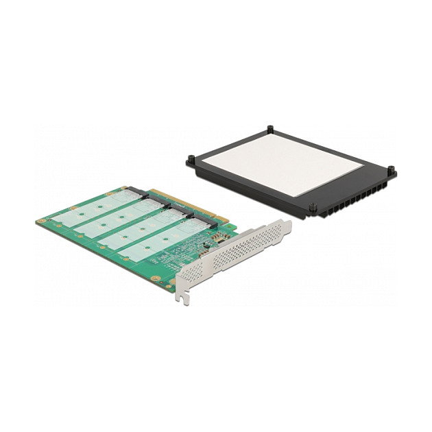 DeLOCK 83446 Tarjeta Adaptador PCIe x16 a 4 Ranuras NVMe M.2 Internas con Disipador Pasivo - Bifurcación, PCIe 4.0, Soportado en Windows y Linux