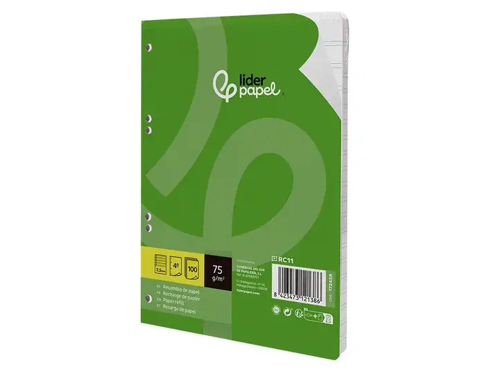 Liderpapel Recambio A5 100 hojas 75gr pauta 2.5mm con margen 6 taladros Liderpapel Recambio A5 100 hojas 75gr pauta 2.5mm con margen 6 taladros