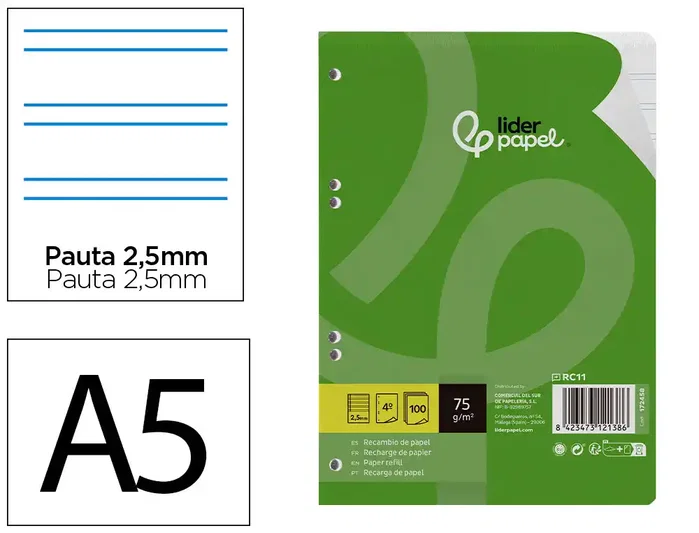 Liderpapel Recambio A5 100 hojas 75gr pauta 2.5mm con margen 6 taladros Liderpapel Recambio A5 100 hojas 75gr pauta 2.5mm con margen 6 taladros