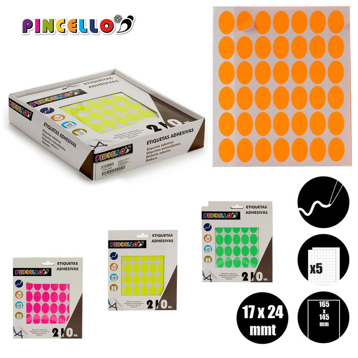 PINCELLO Etiquetas Adhesivas Ovaladas 17x24 mm Surtidas 5 Páginas (Set de 120)