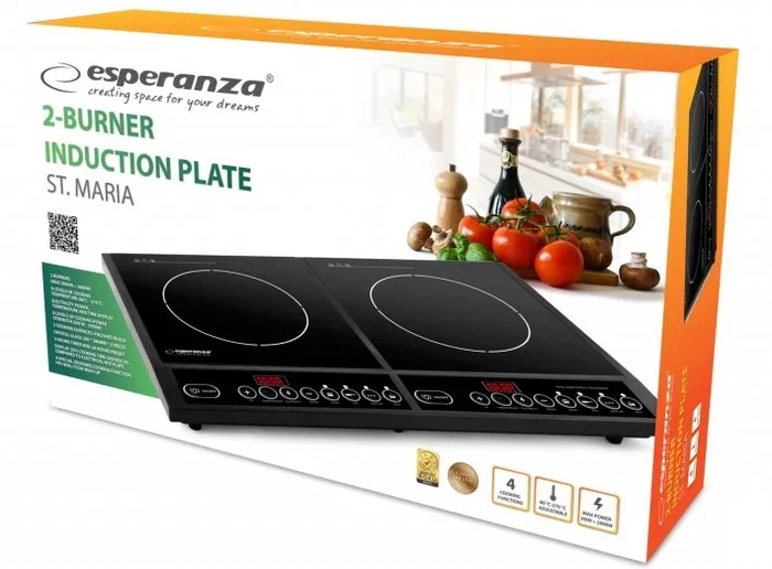 Esperanza EKH008 Placa de Inducción Encimera 2 Zonas 4000W (2x2000W) Negro con Superficie de Vidrio y Control Táctil