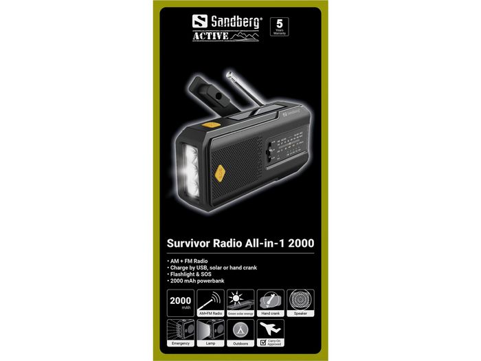 Sandberg Survivor All-in-1 2000 Radio Multifunción con Powerbank, Altavoz, Linterna y Carga Solar/Manivela