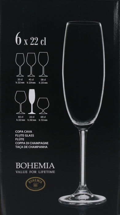 Bohemia Set de 6 Copas para Champagne, Vidrio Bohemia Clara, Capacidad 220 cc, Dimensiones 20.8 cm Largo x 14.7 cm Ancho x 25.4 cm Alto (4 Cajas)