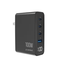 Gembird Cargador rápido 100 W GaN con 4 puertos y pantalla LCD, negro