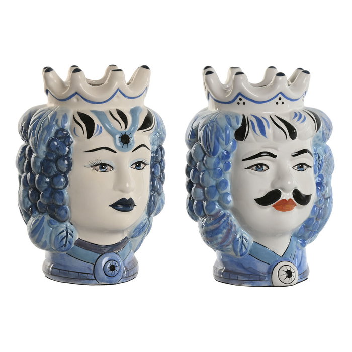 DKD Home Decor Macetero de Porcelana 2 en 1 Blanco y Azul