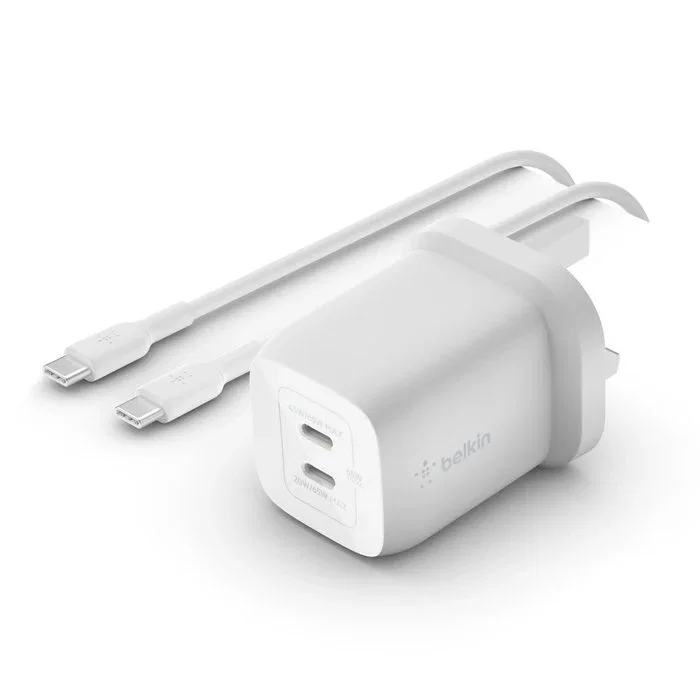 Belkin WCH013vf2MWH-B6 Cargador de Pared GaN Doble USB-C 65W (45W + 20W) Carga Rápida PD 3.0 PPS para MacBook, iPhone, Samsung - Incluye Cable USB-C 2m - Blanco
