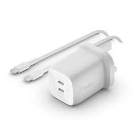 Belkin Cargador USB-C GaN 65W WCH013VF2MWH-B6 con Cable de 2m, Doble Puerto, Pared, PD 3.0 y PPS para Portátil, Smartphone y Tablet - Blanco