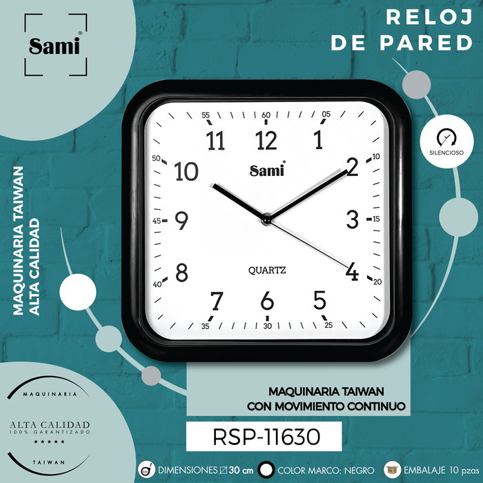 SAMI Reloj de Pared Cuadrado Negro, 30 cm de Diámetro
