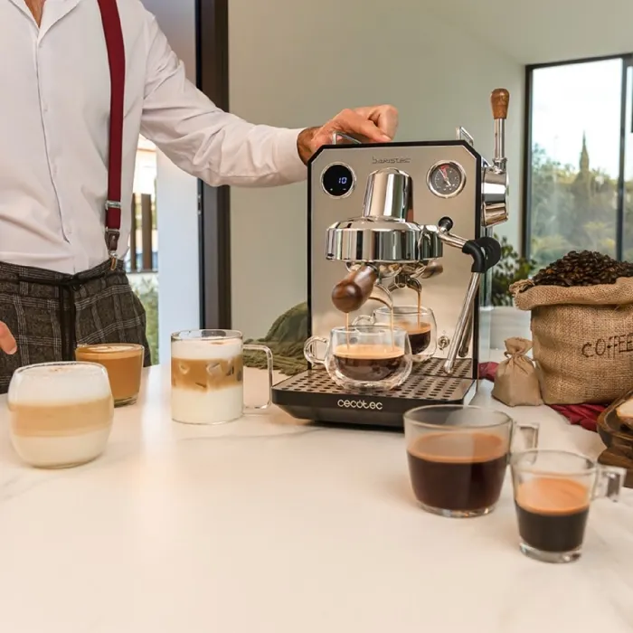 Cecotec Baristeo Intima Siebtrgermaschine, Máquina de Espresso con Thermoblock 15 Bar, 1850W, Espumador de Leche, Capacidad 1.7L, Preparación de Café Molido, Color Acero Inoxidable