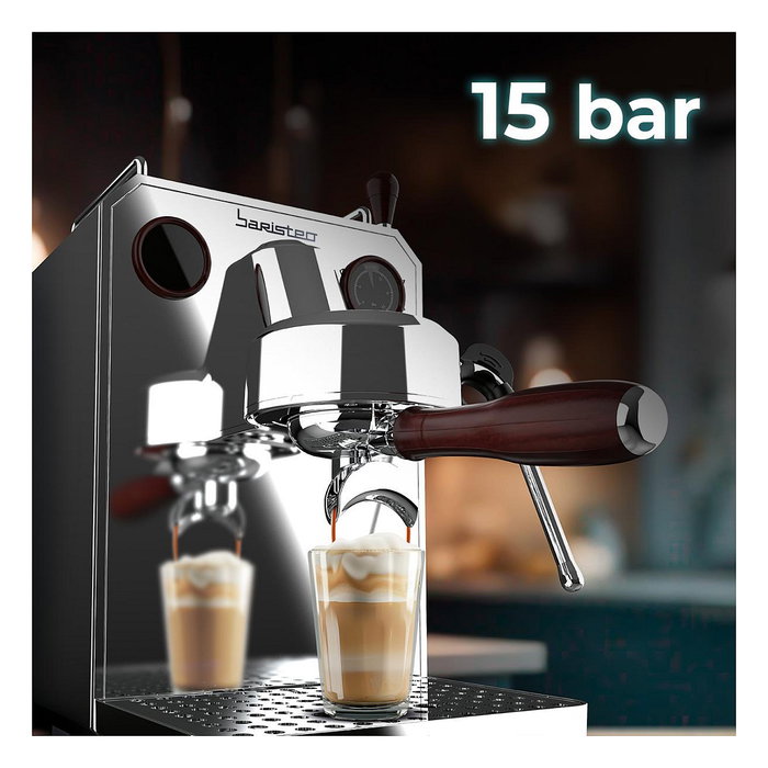 Cecotec Baristeo Intima Siebtrgermaschine, Máquina de Espresso con Thermoblock 15 Bar, 1850W, Espumador de Leche, Capacidad 1.7L, Preparación de Café Molido, Color Acero Inoxidable