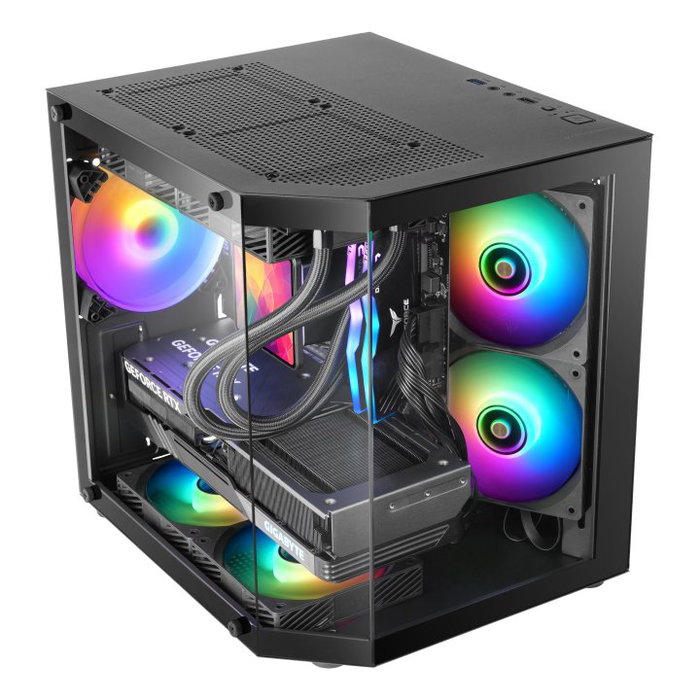 Mars Gaming Caja Ordenador MC-3TLITE MicroATX Mini Torre Negra con Triple Panel de Cristal Templado y Ventilador Trasero FRGB 120 mm Incluido