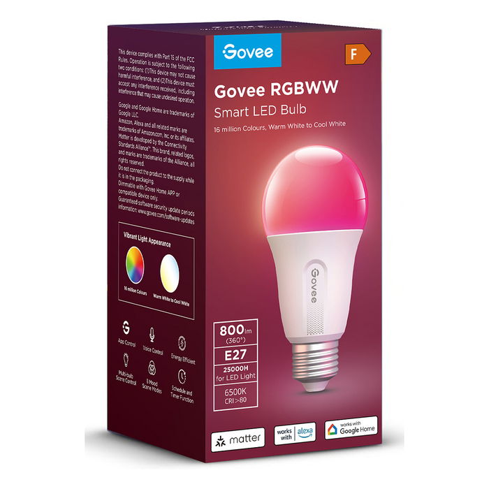 Govee H6004 Bombilla Inteligente Wifi y Bluetooth, 800lm LED E27 Blanca, Blanco, Luz Multicolor, Regulable, Compatible con Alexa y Google Assistant
