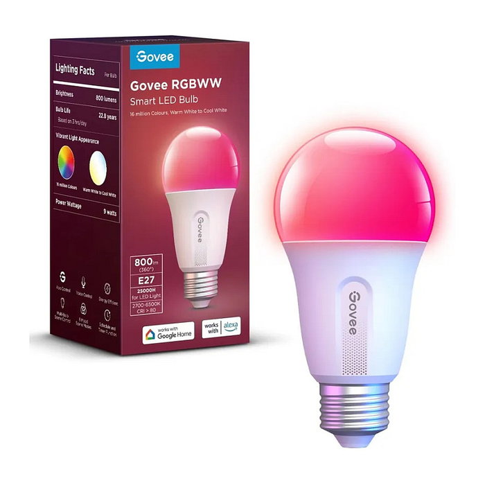 Govee H6004 Bombilla Inteligente Wifi y Bluetooth, 800lm LED E27 Blanca, Blanco, Luz Multicolor, Regulable, Compatible con Alexa y Google Assistant
