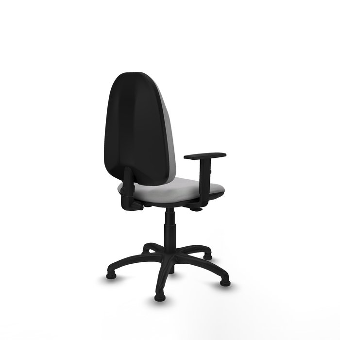 Silla de oficina Algarra con mecanismo Contacto permanente básico tapizada con Tela color Gris claro. Equipada con Base poliamida negra, Brazos 1Dy Topes