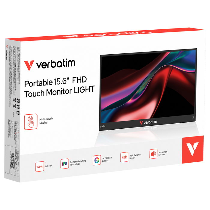 Verbatim Monitor Portátil Táctil 15.6" Full HD IPS, Pantalla Capacitiva 10 Puntos, USB-C Plug & Play, Mini HDMI, 178°, HDR, Funda Incluida, Negro