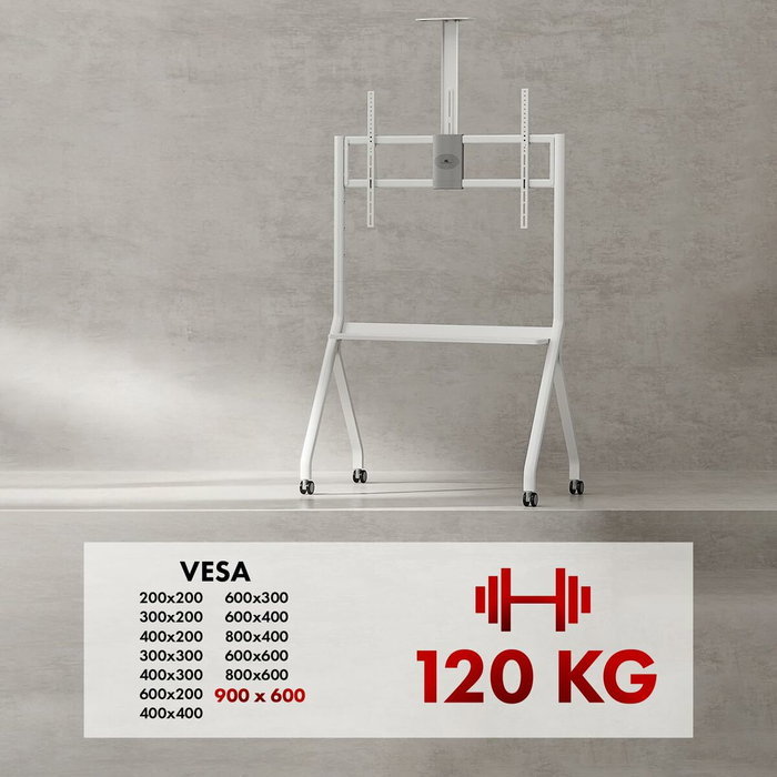 Maclean soporte de tv / carro, estante de cÁmara, sobre ruedas, 55-100", carga mÁx. 120kg/10kg estante, mÁx. vesa 900x600, blanc