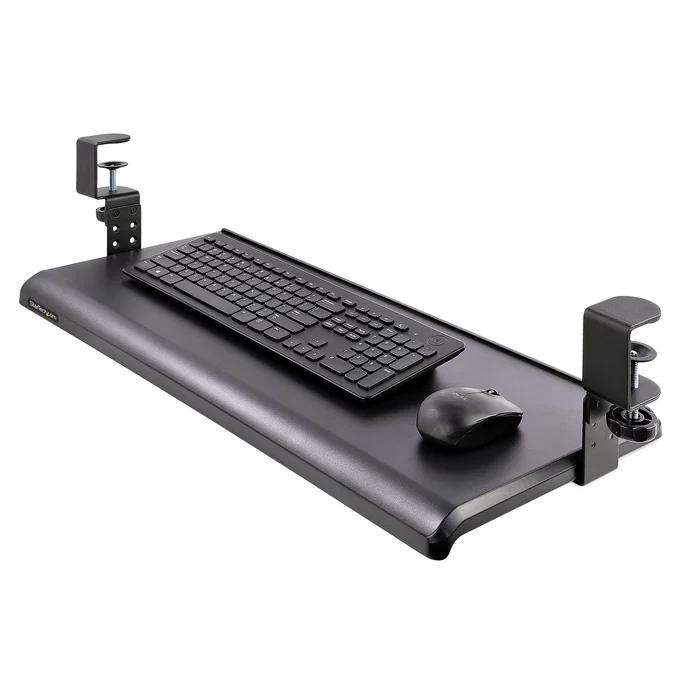 Startech KEYBOARD-TRAY-CLAMP1 Bandeja de Teclado Bajo Escritorio Ajustable y Deslizante - Soporta 12 kg, 3 Alturas, Instalación Fácil, Superficie 700x310 mm, Negro