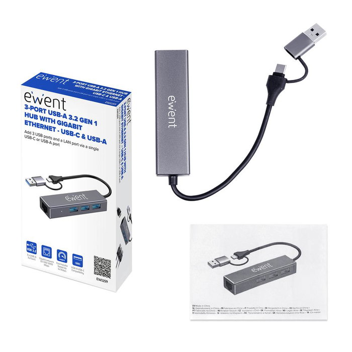 EWENT Hub USB 3.2 Gen 1 EW1159 con 3 Puertos USB-A de 5 Gbps, Ethernet Gigabit RJ-45 y Adaptador USB-C/A, Carcasa de Aluminio Gris