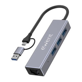 EWENT Hub USB 3.2 Gen 1 EW1159 con 3 Puertos USB-A de 5 Gbps, Ethernet Gigabit RJ-45 y Adaptador USB-C/A, Carcasa de Aluminio Gris