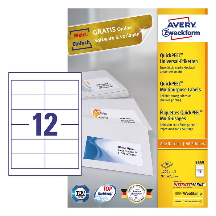 AVERY Zweckform Etiquetas Blancas 97 x 42,3 mm A4 1200 uds.