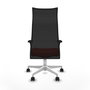 Sillón Albacete con mecanismo Sincro tapizada con Tela color Naranja oscuro y malla color Negro. Equipado con Base poliamida blanca, Brazos 1D y Ruedas 65mm nailon