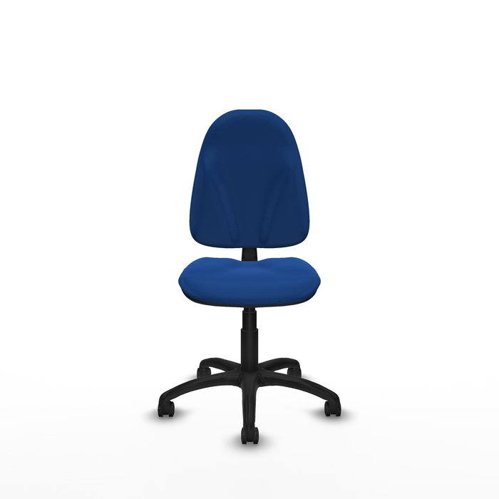 Silla de oficina Algarra con mecanismo Contacto permanente básico tapizada con Similpiel color Azul. Equipada con Base poliamida negra, Sin brazos y Ruedas de parqué