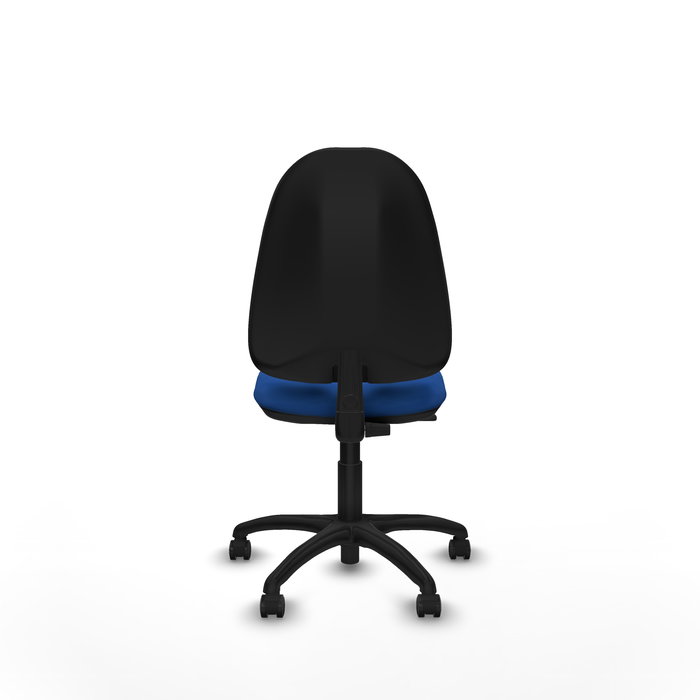 Silla de oficina Algarra con mecanismo Contacto permanente básico tapizada con Similpiel color Azul. Equipada con Base poliamida negra, Sin brazos y Ruedas de parqué