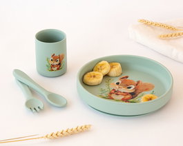 KioKids Vajilla Silicona para Bebé con Ventosa Verde, 4 Piezas - Plato, Vaso, Tenedor y Cuchara, Aptas BLW, +6 Meses, Apto Lavavajillas