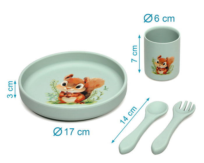 KioKids Vajilla Silicona para Bebé con Ventosa Verde, 4 Piezas - Plato, Vaso, Tenedor y Cuchara, Aptas BLW, +6 Meses, Apto Lavavajillas