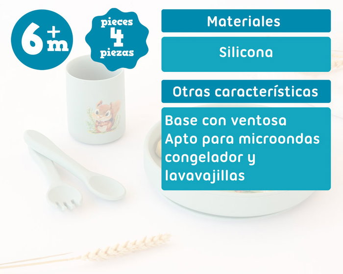 KioKids Vajilla Silicona para Bebé con Ventosa Verde, 4 Piezas - Plato, Vaso, Tenedor y Cuchara, Aptas BLW, +6 Meses, Apto Lavavajillas
