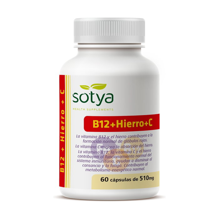 Sotya B12 Hierro Vitamina C 510 mg 60 cápsulas Complemento Alimenticio para Glóbulos Rojos y Energía Sotya B12 Hierro Vitamina C 510 mg 60 cápsulas Complemento Alimenticio para Glóbulos Rojos y Energía