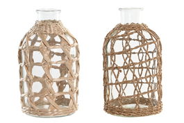DKD Home Decor Jarrón Mediterráneo Transparente Marrón Claro Cristal Fibra 11 x 20 x 11 cm (2 Unidades)