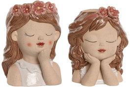 DKD Home Decor Macetero Shabby Beige Blanco Rosa Dolomita 14 x 18 x 12 cm (2 Unidades)