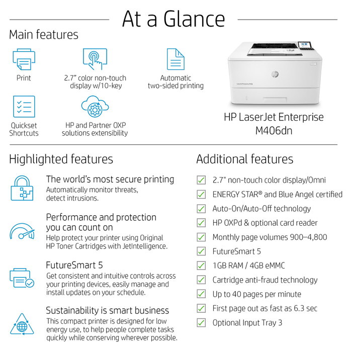 HP LaserJet Enterprise M406dn Impresora Láser Monocromo Dúplex Blanca
