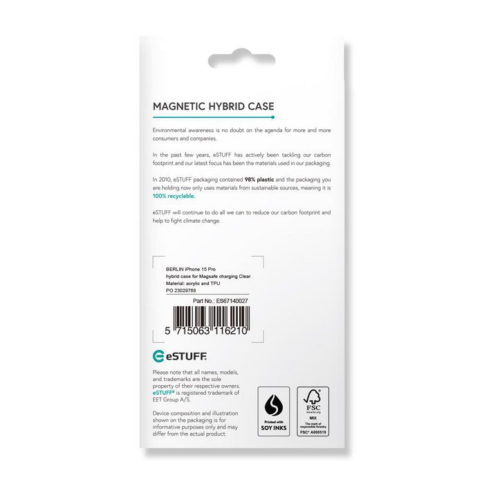 eSTUFF Funda Híbrida Magnética MagSafe para iPhone 15 Pro - Protección 360° con Borde Elevado - Transparente