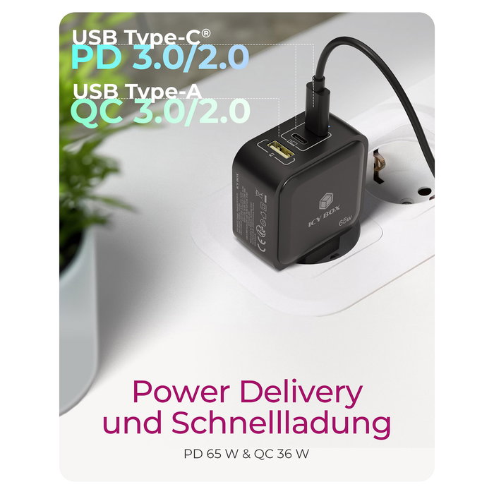 ICY BOX Cargador GaN 65W 3 Puertos PD 3.0 Negro IB-PS1030-PD