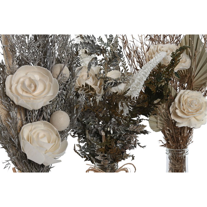 DKD Home Decor Set de 3 Flores Secas con Detalles en Cristal Blanco y Natural
