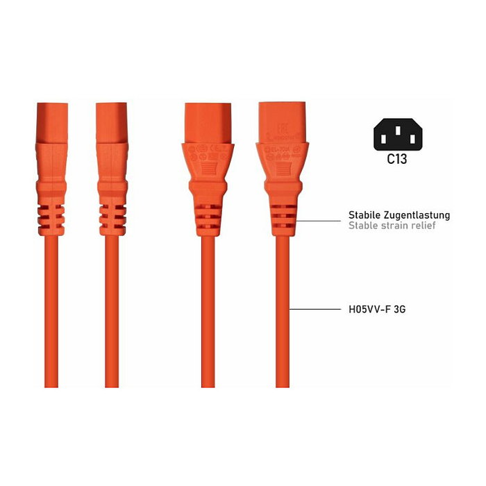 Kabelmeister Cable de alimentación C13 con toma de tierra (90° inclinado) naranja 0,5 m