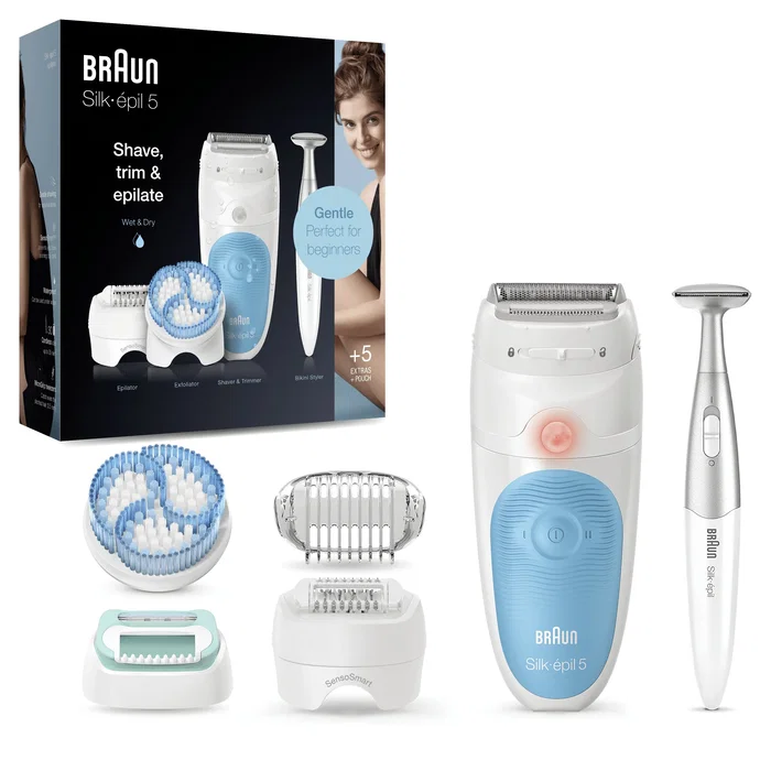 Braun Silk-épil 5 5-815 Depiladora Eléctrica - Azul y Blanco, 20 Pinzas MicroGrip, Incluye Afeitadora, Recortadora, 5 Accesorios, Uso en Seco y Mojado
