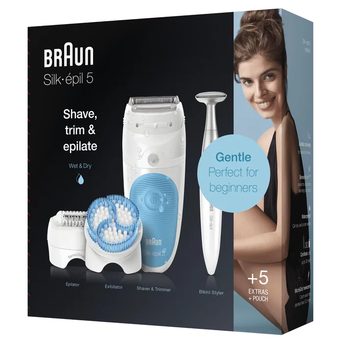 Braun Silk-épil 5 5-815 Depiladora Eléctrica - Azul y Blanco, 20 Pinzas MicroGrip, Incluye Afeitadora, Recortadora, 5 Accesorios, Uso en Seco y Mojado