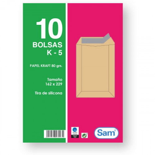 Sam 665098 Paquetes de 10 Bolsas Kraft con Tira de Silicona Tamaño 162x229 mm 80 grs Sam 665098 Paquetes de 10 Bolsas Kraft con Tira de Silicona Tamaño 162x229 mm 80 grs