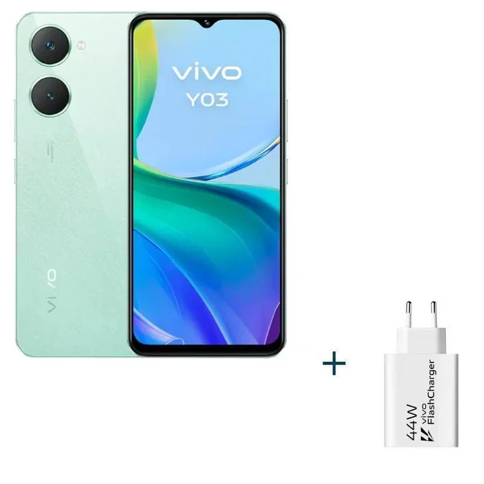 Vivo Y03 Smartphone 6.56" Pantalla, 4GB RAM (+4GB Extendible), 128GB Almacenamiento, Color Verde, Cargador Rápido 44W Incluido