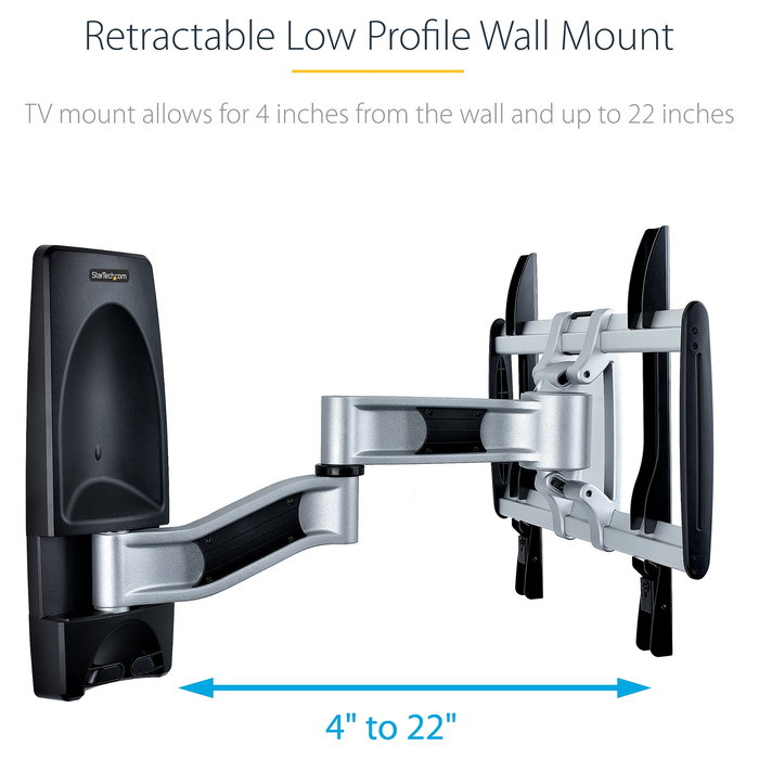 StarTech.com Soporte VESA de Pared Articulado y Retráctil para TV Plano/Curvo de hasta 65 Pulgadas y 45 kg, 400x400 mm, Negro/Plata