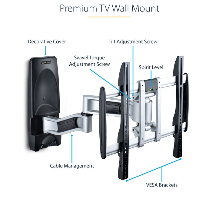 StarTech.com Soporte VESA de Pared Articulado y Retráctil para TV Plano/Curvo de hasta 65 Pulgadas y 45 kg, 400x400 mm, Negro/Plata