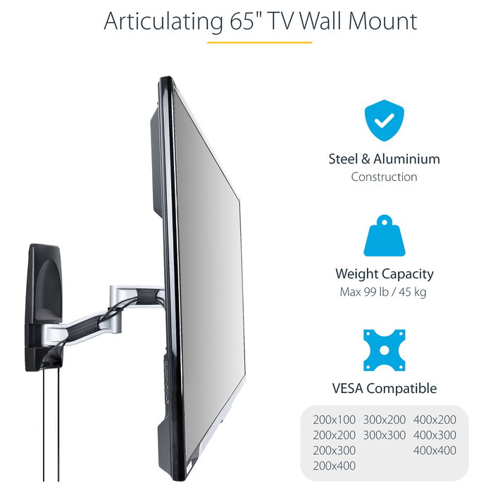 StarTech.com Soporte VESA de Pared Articulado y Retráctil para TV Plano/Curvo de hasta 65 Pulgadas y 45 kg, 400x400 mm, Negro/Plata