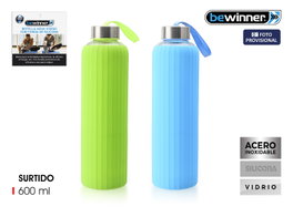Bewinner Botella de Agua de Vidrio y Silicona, 600 ml, 7.2x7.2x24.5 cm (24 Unidades)